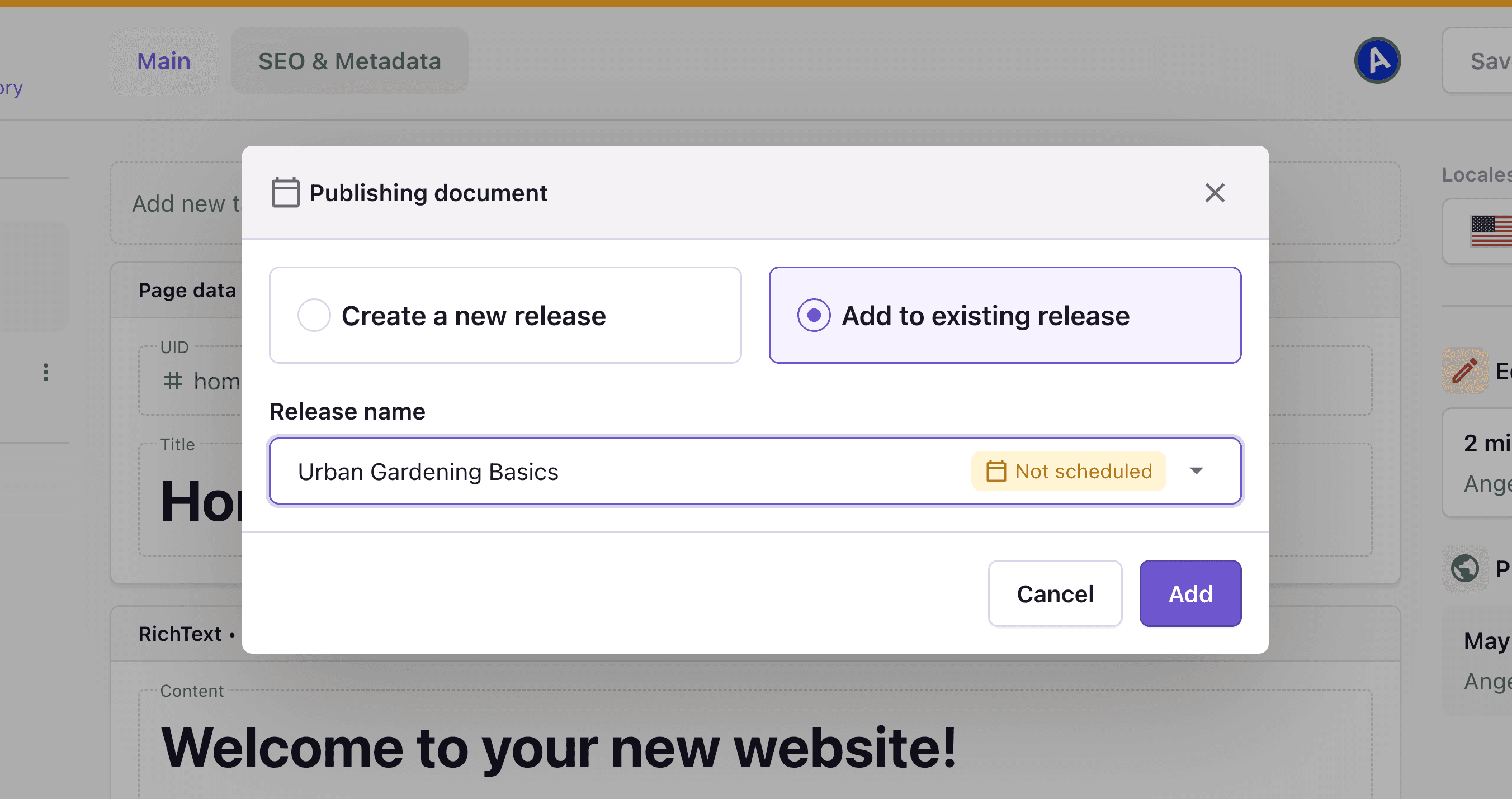 A screenshot of adding changes to an existing release.